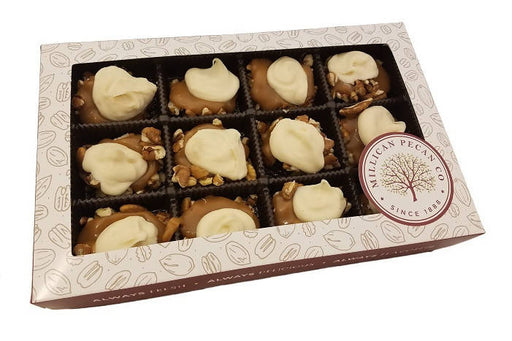 White Chocolate Pecan Caramillicans (Turtles) Gift Box 8 oz- 12 pieces - Chocolate.org